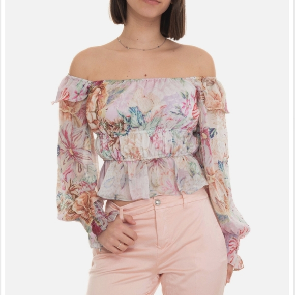 NWT Guess Azura Off-The-Shoulder Ruffled Floral Top - Picture 10 of 11